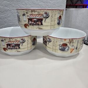 Williams Sonoma Ceral Bowls with Red Rim and Cafe Motif